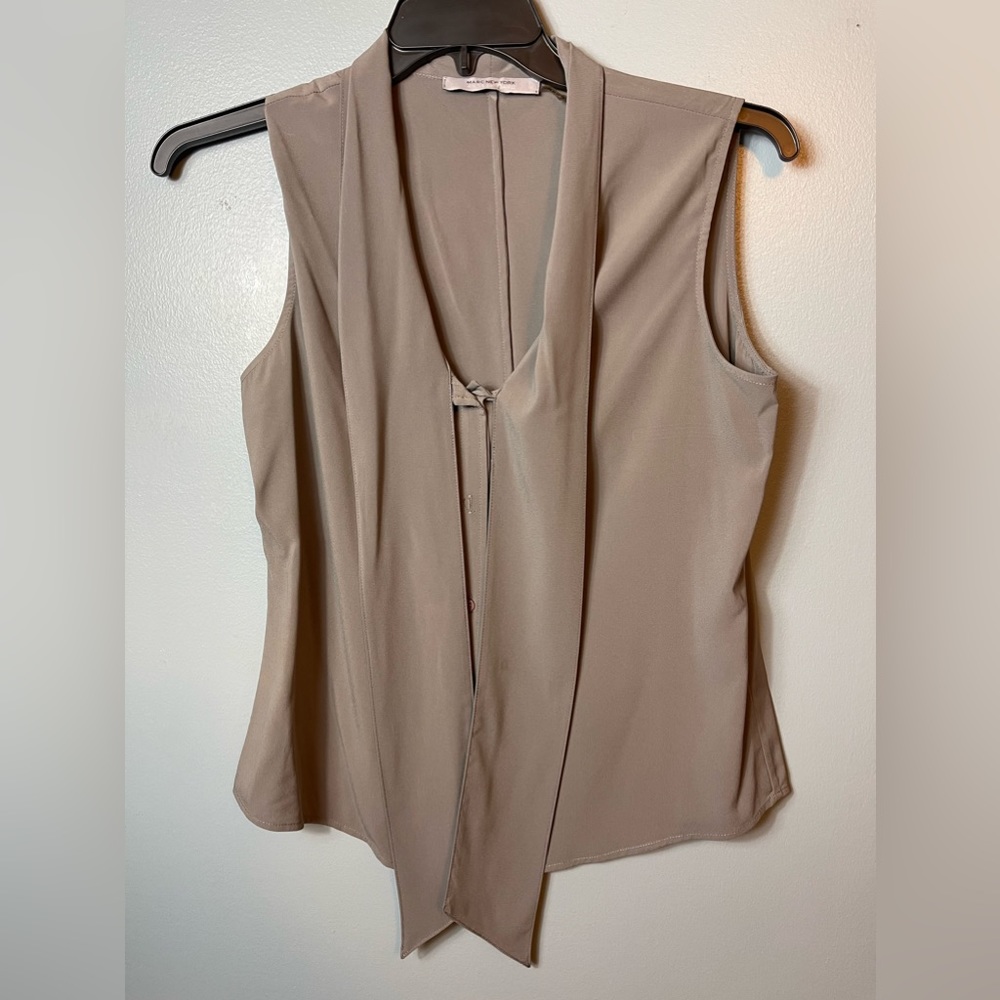 Andrew Marc dark gray blouse with no sleeves with bands around the neck
